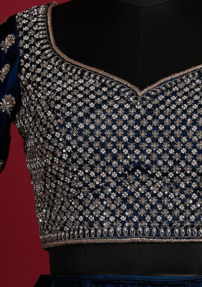 Peacock Blue Zardosi Velvet Designer Lehenga - koskii
