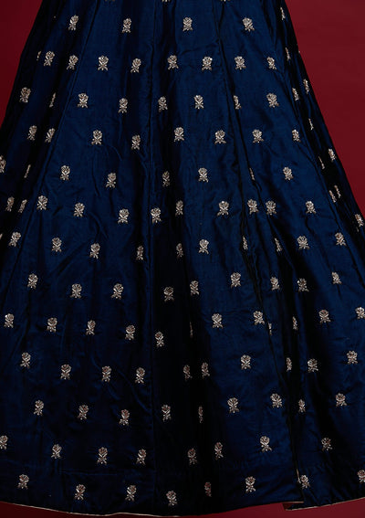 Peacock Blue Zardosi Velvet Designer Lehenga - koskii