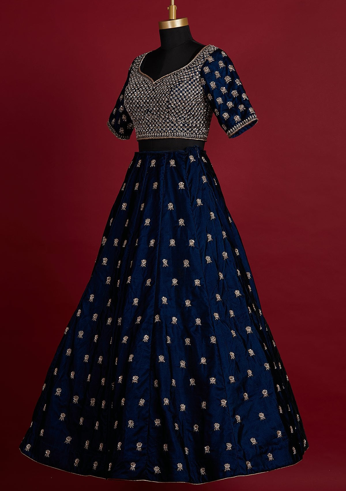 Peacock Blue Zardosi Velvet Designer Lehenga - koskii