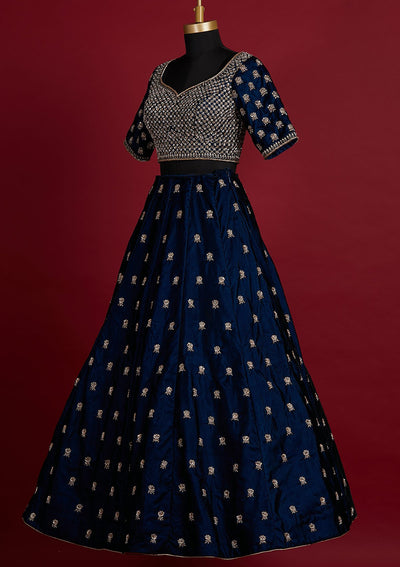 Peacock Blue Zardosi Velvet Designer Lehenga - koskii