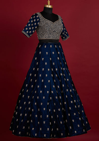 Peacock Blue Zardosi Velvet Designer Lehenga - koskii