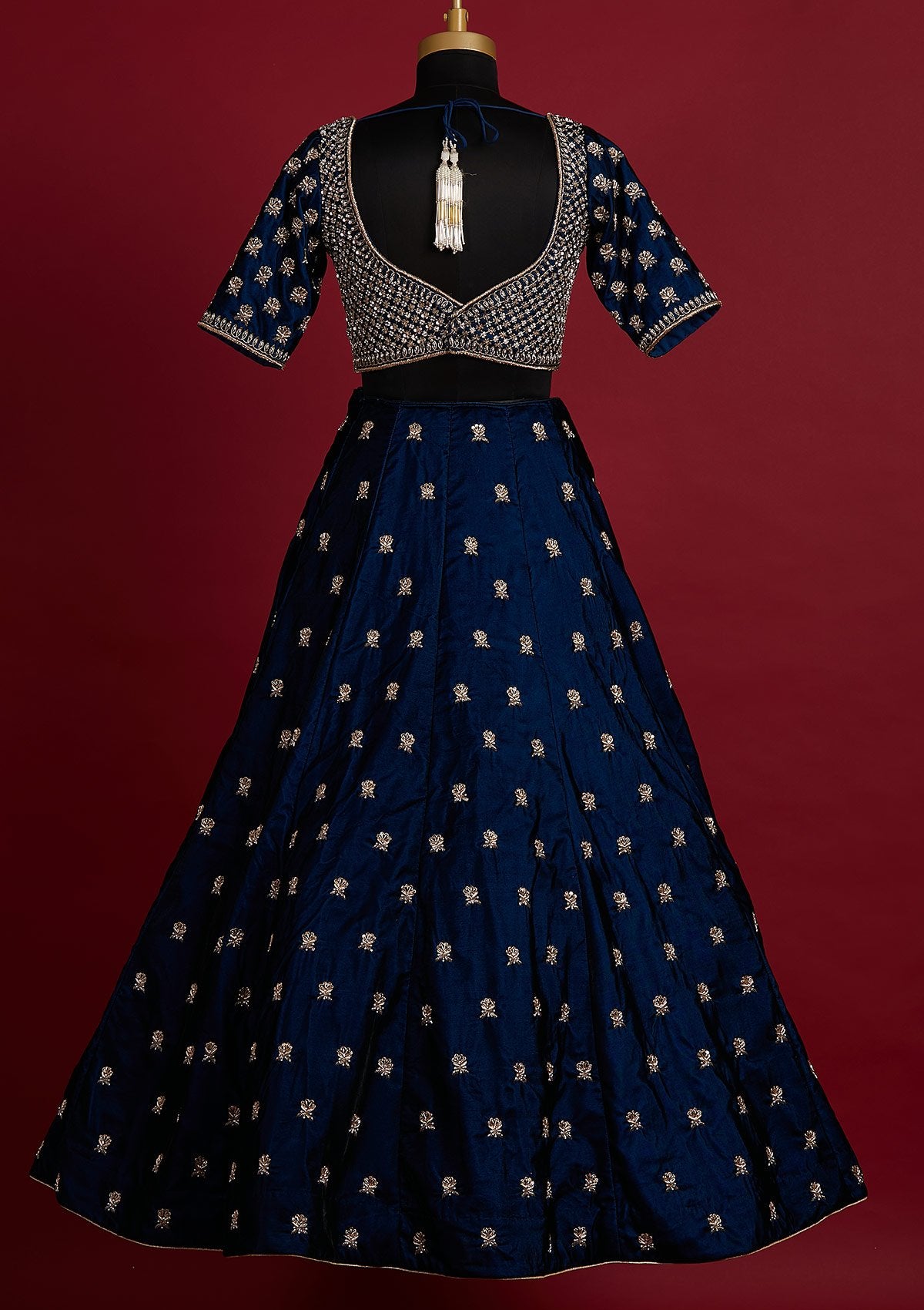 Peacock Blue Zardosi Velvet Designer Lehenga - koskii