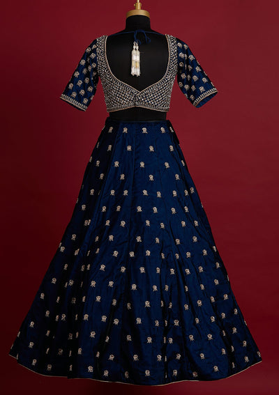 Peacock Blue Zardosi Velvet Designer Lehenga - koskii
