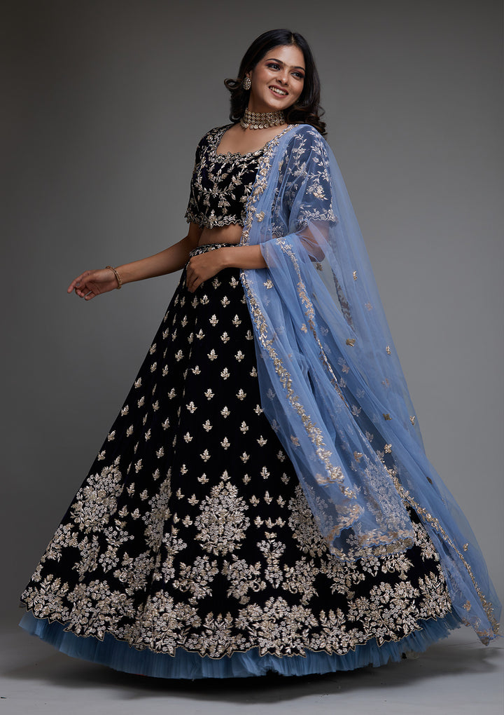 Peacock Blue Zardosi Velvet Designer Lehenga- Koskii