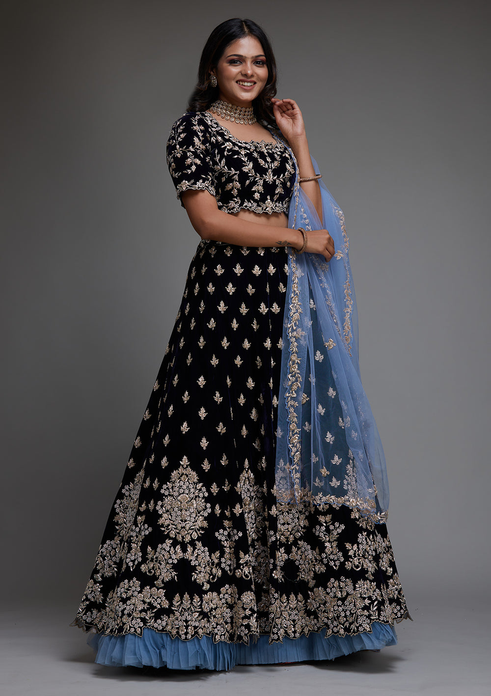 Peacock Blue Zardosi Velvet Designer Lehenga - Koskii