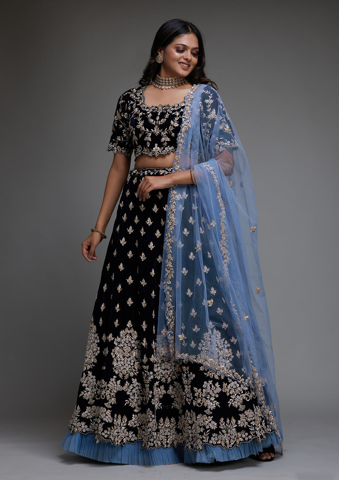 Peacock Blue Zardosi Velvet Designer Lehenga - Koskii