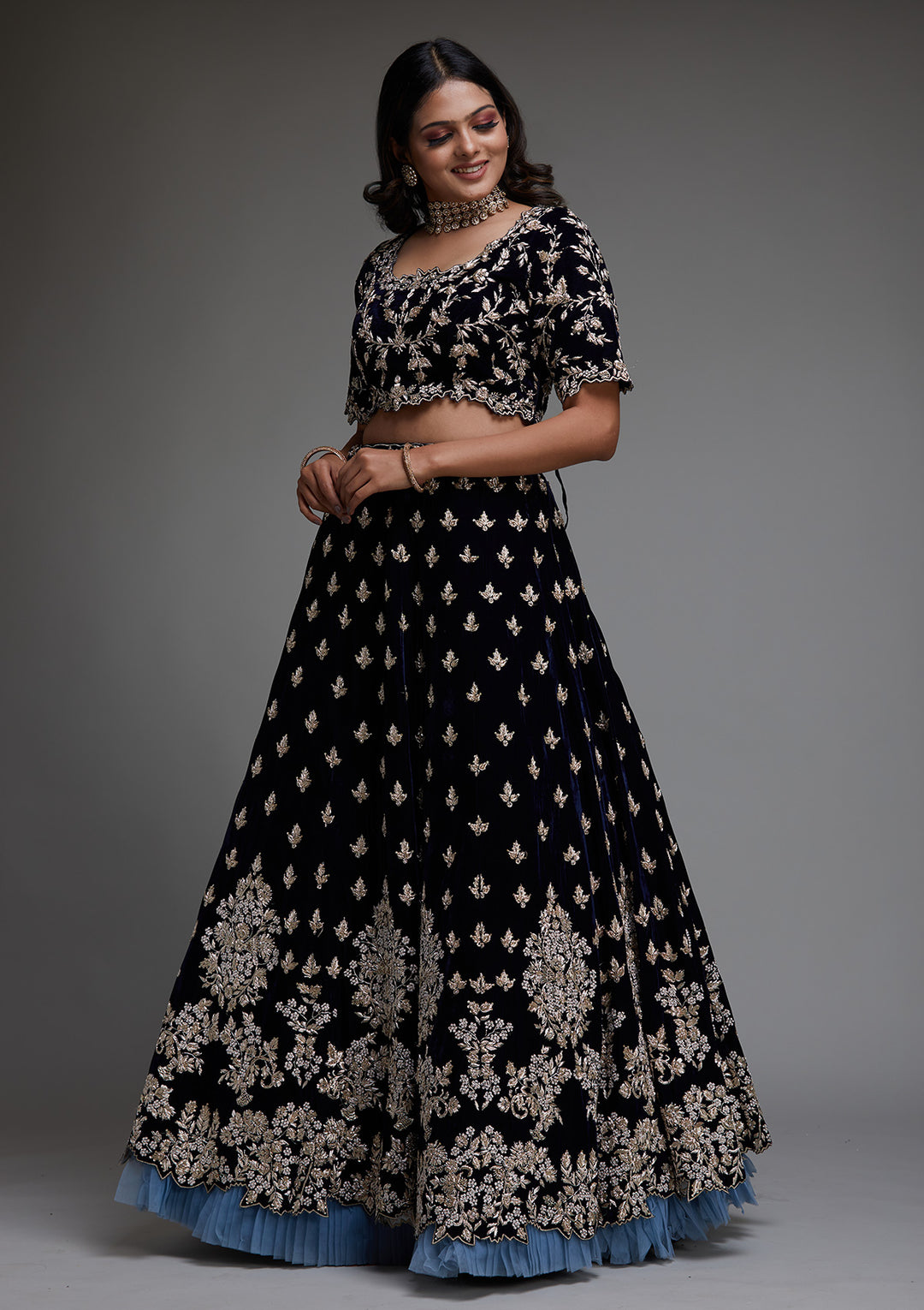 Peacock Blue Zardosi Velvet Designer Lehenga - Koskii