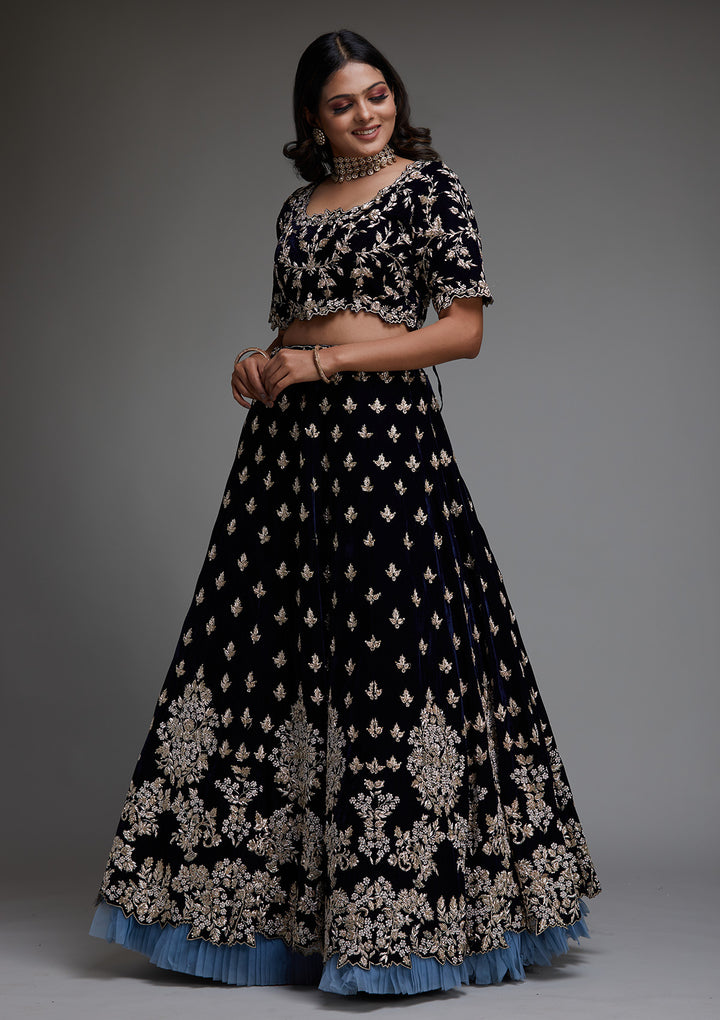 Peacock Blue Zardosi Velvet Designer Lehenga - Koskii