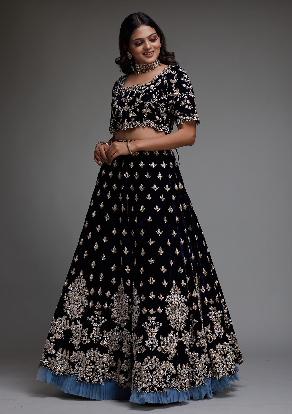 Peacock Blue Zardosi Velvet Designer Lehenga - Koskii