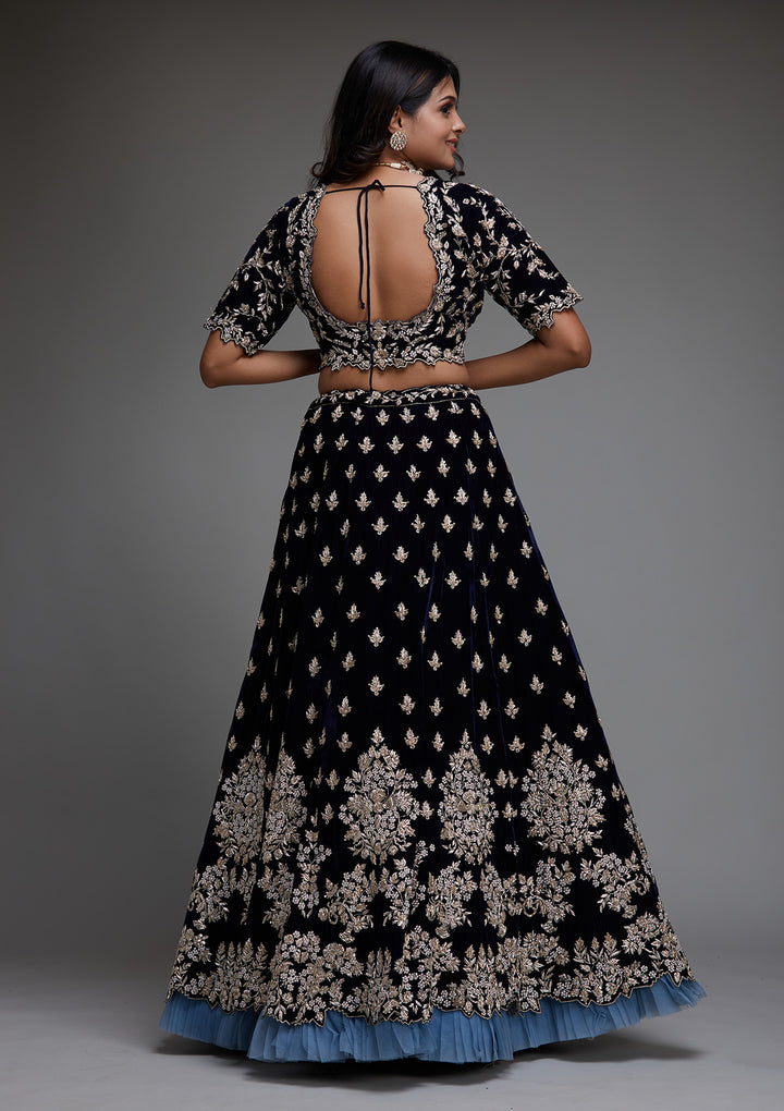 Peacock Blue Zardosi Velvet Designer Lehenga - Koskii