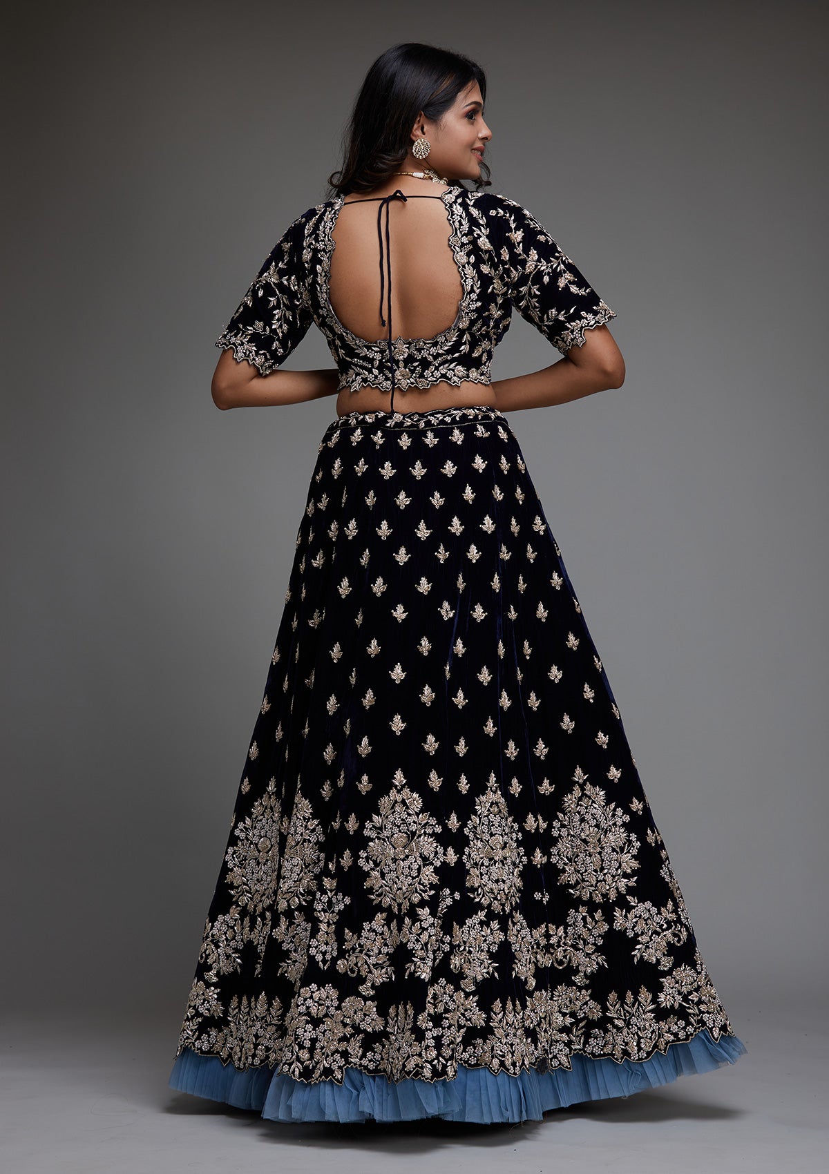 Peacock Blue Zardosi Velvet Designer Lehenga - Koskii