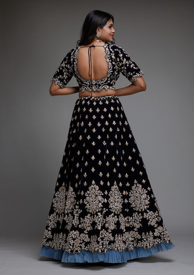 Peacock Blue Zardosi Velvet Designer Lehenga - Koskii