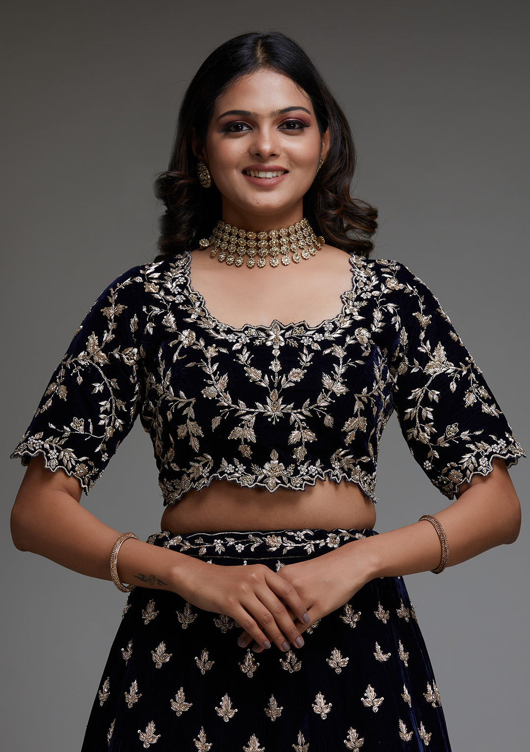 Peacock Blue Zardosi Velvet Designer Lehenga - Koskii
