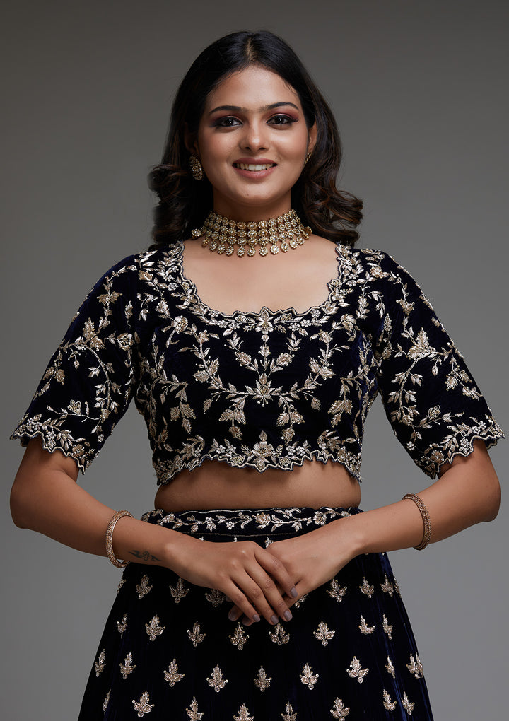 Peacock Blue Zardosi Velvet Designer Lehenga - Koskii
