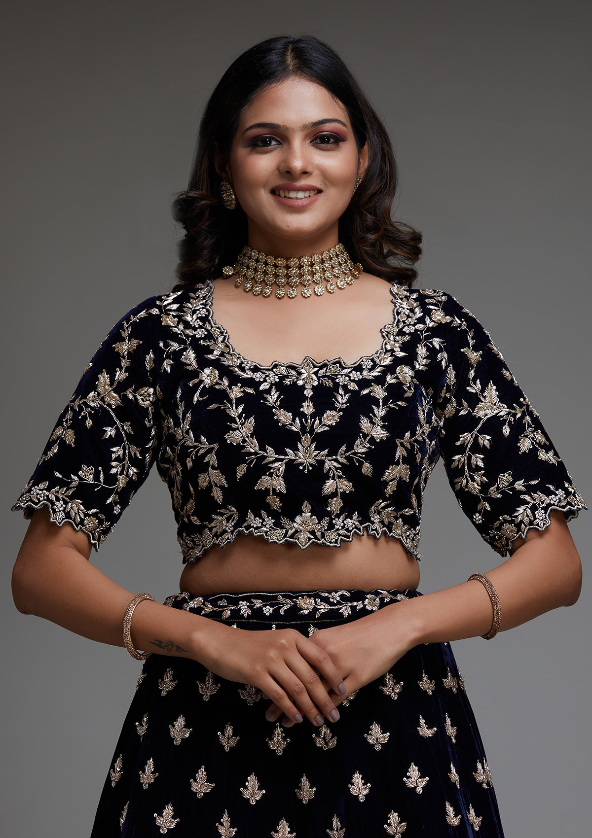 Peacock Blue Zardosi Velvet Designer Lehenga - Koskii
