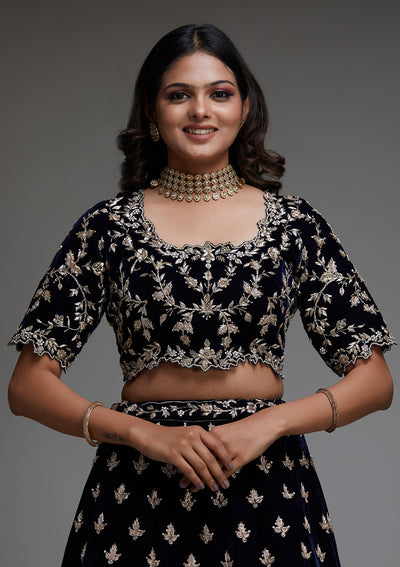 Peacock Blue Zardosi Velvet Designer Lehenga - Koskii
