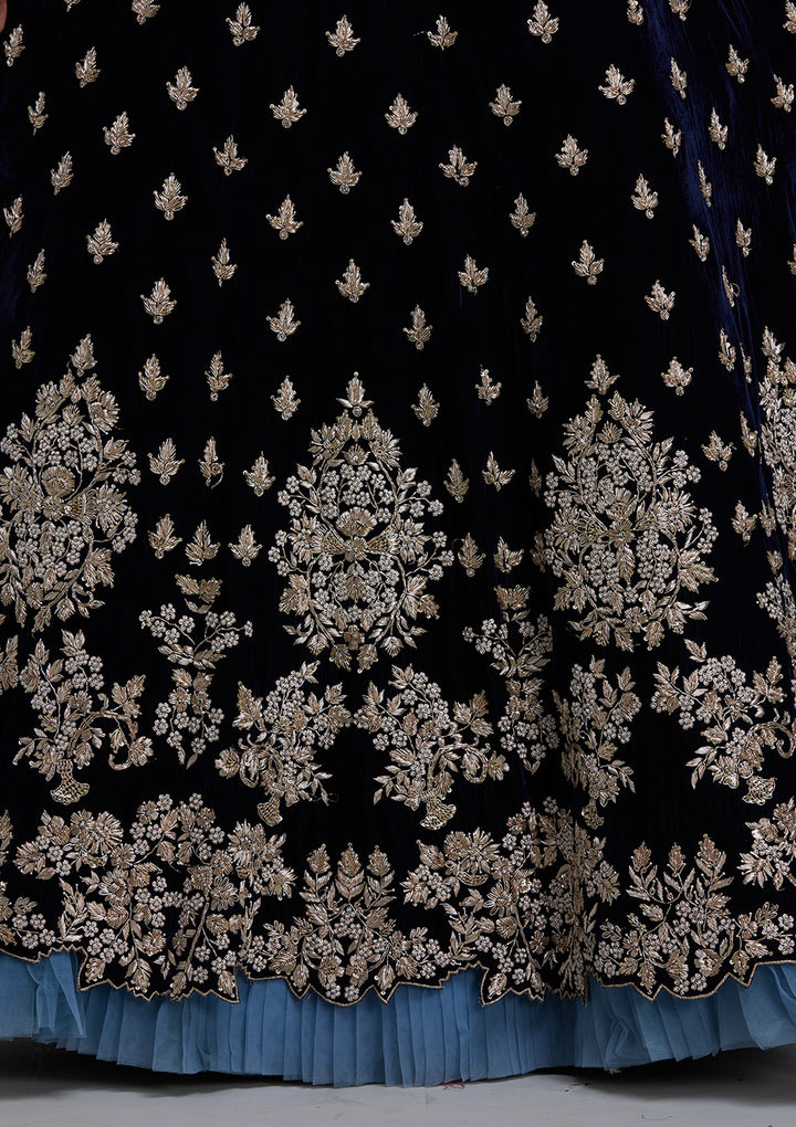 Peacock Blue Zardosi Velvet Designer Lehenga - Koskii