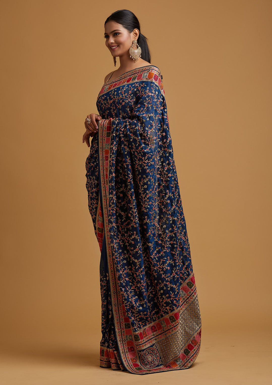 Peacock Blue Zariwork Art Silk Designer Saree - koskii
