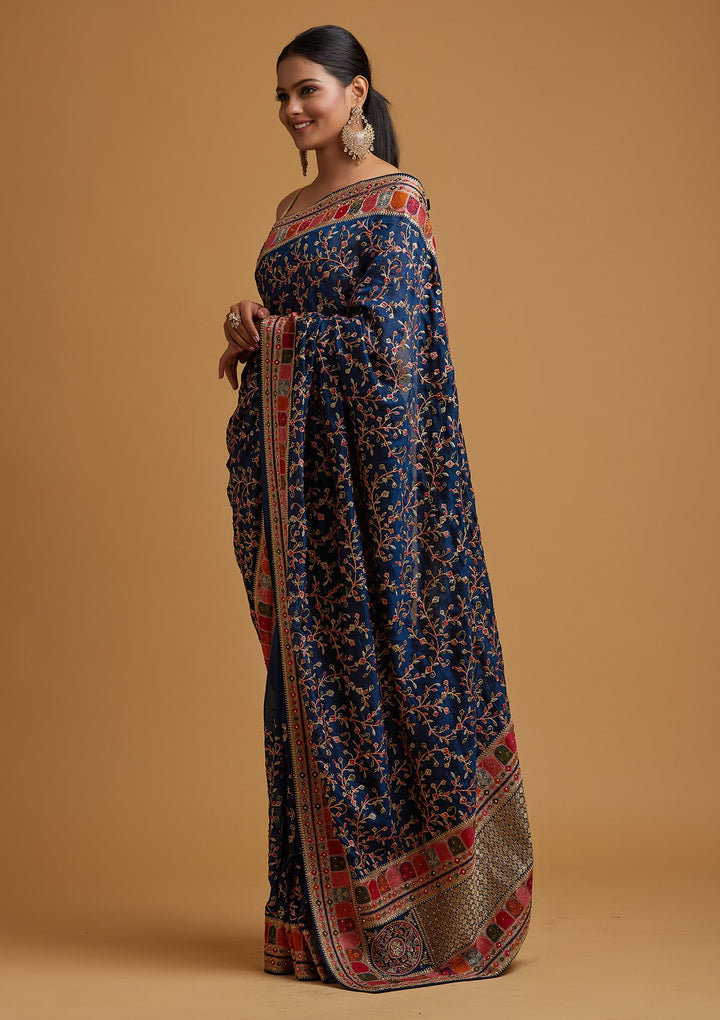 Peacock Blue Zariwork Art Silk Designer Saree - koskii