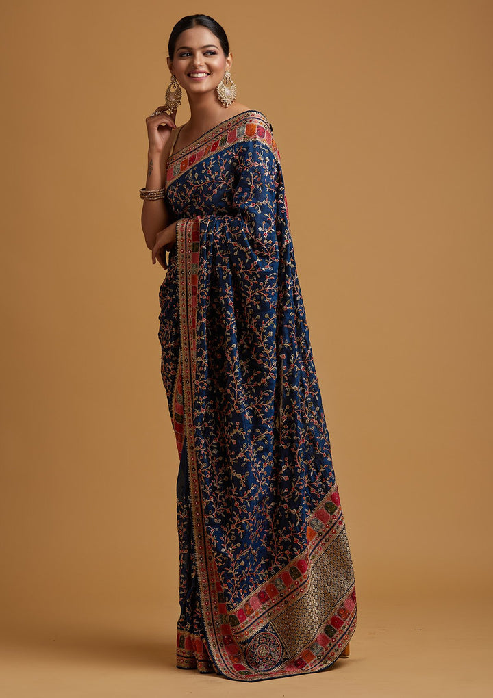 Peacock Blue Zariwork Art Silk Designer Saree - koskii