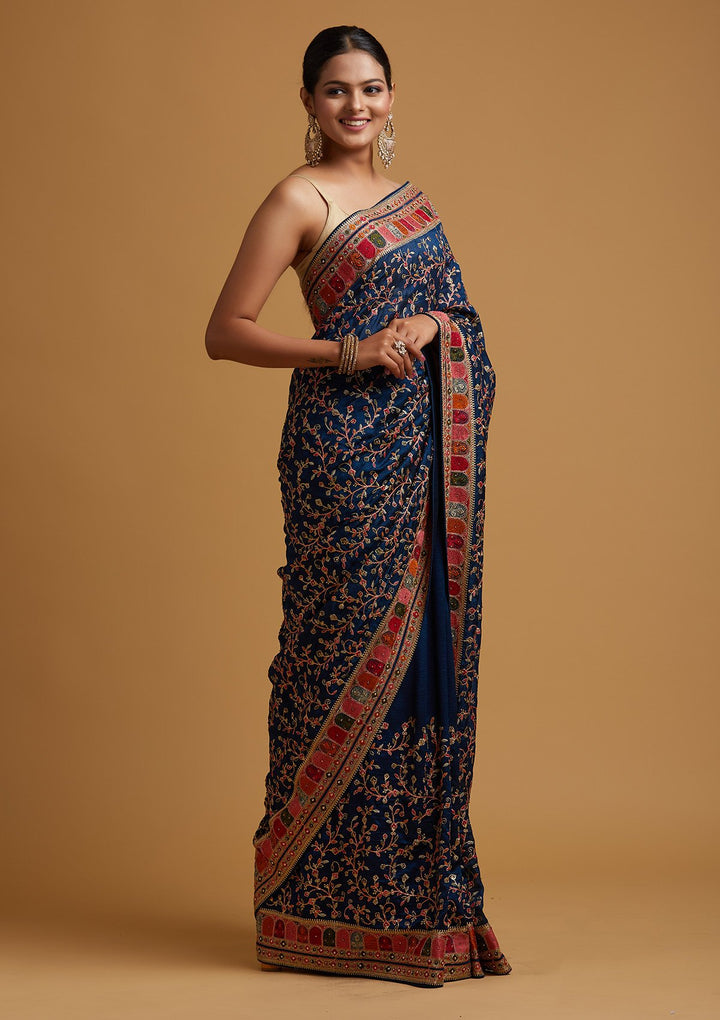 Peacock Blue Zariwork Art Silk Designer Saree - koskii
