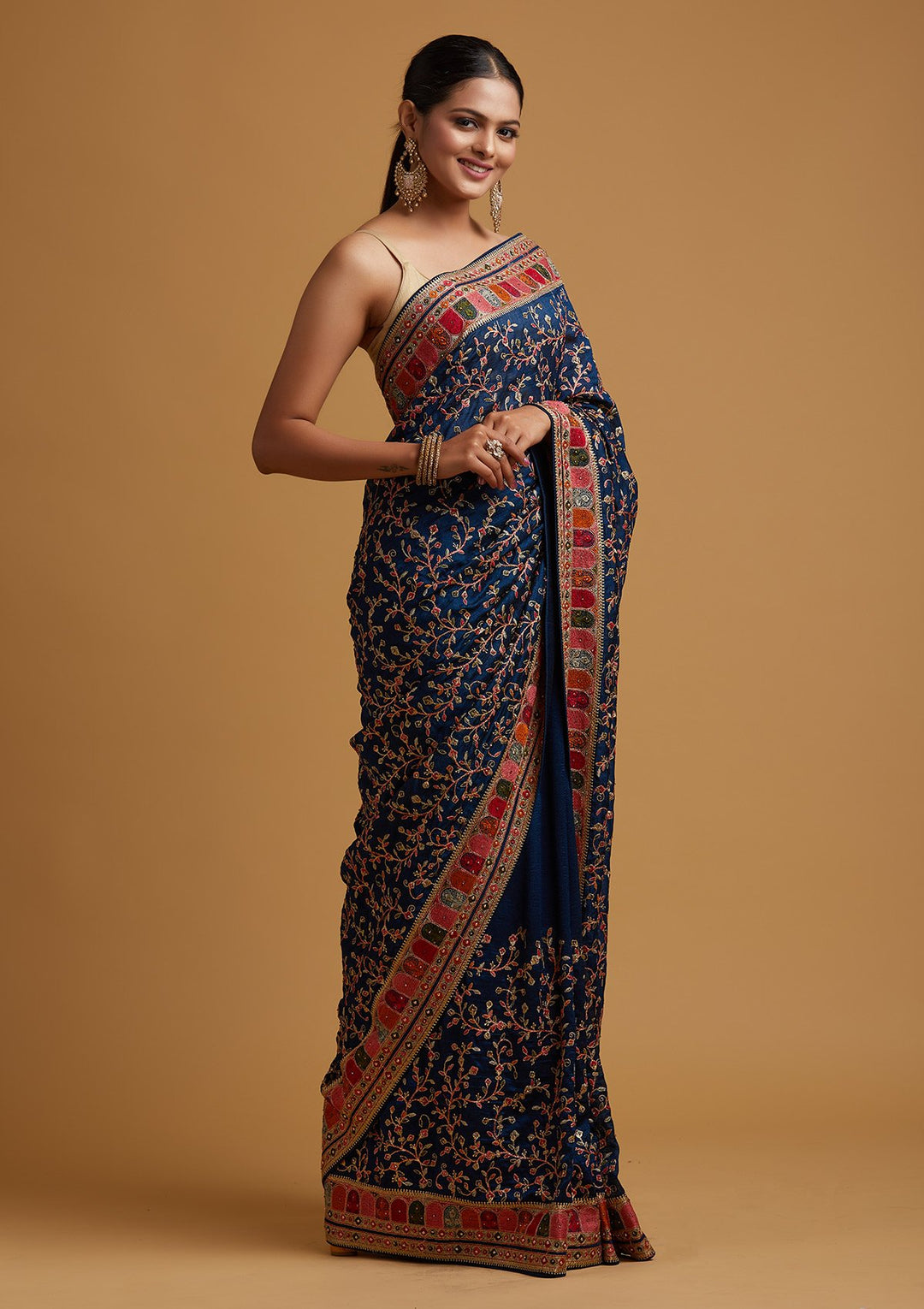 Peacock Blue Zariwork Art Silk Designer Saree - koskii