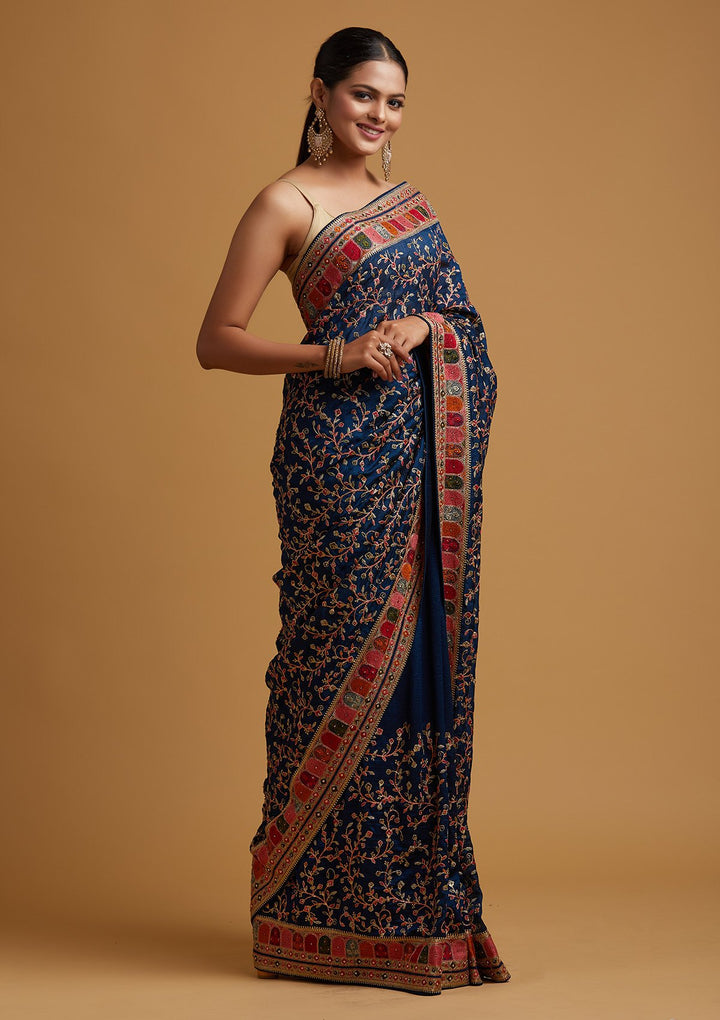 Peacock Blue Zariwork Art Silk Designer Saree - koskii