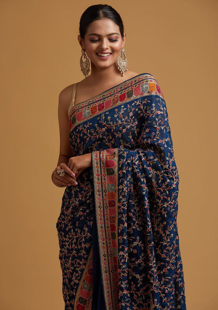Peacock Blue Zariwork Art Silk Designer Saree - koskii