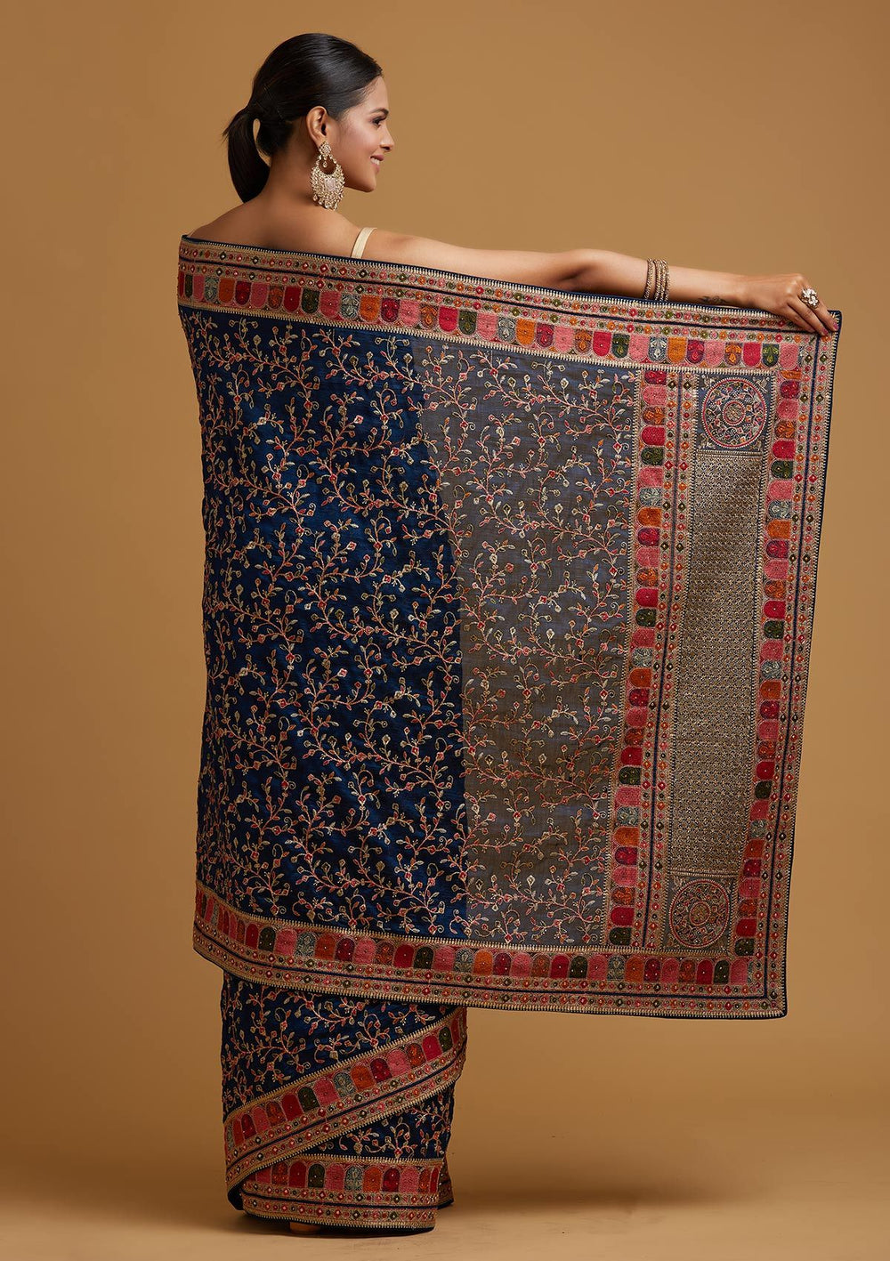 Peacock Blue Zariwork Art Silk Designer Saree - koskii