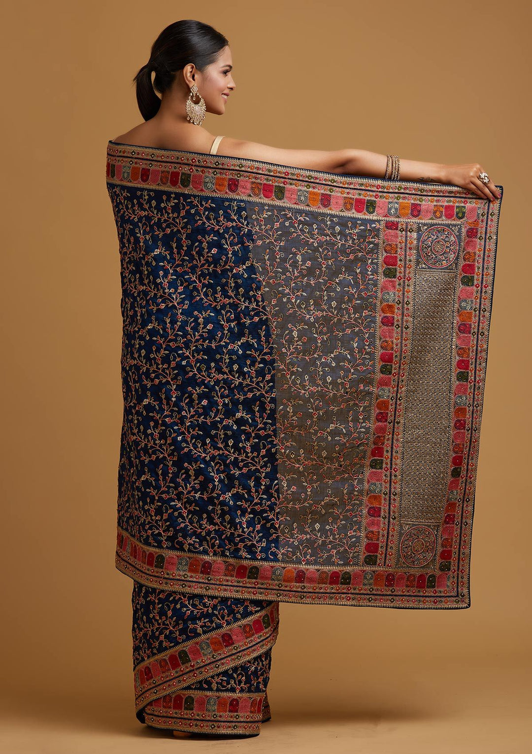 Peacock Blue Zariwork Art Silk Designer Saree - koskii