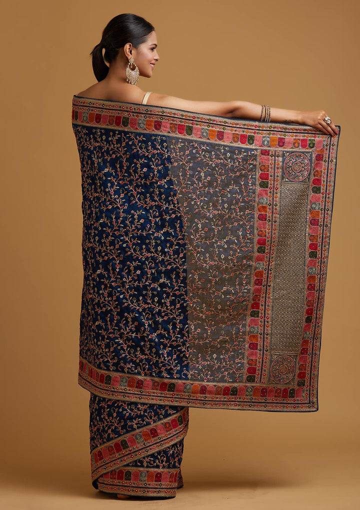 Peacock Blue Zariwork Art Silk Designer Saree - koskii