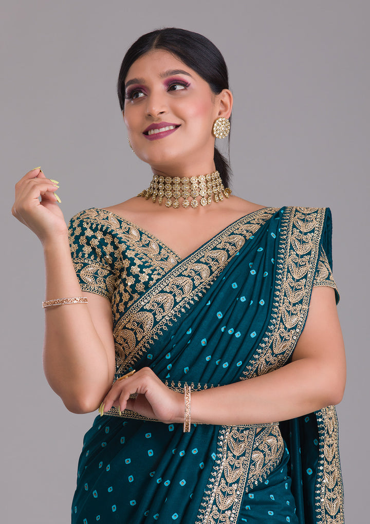 Peacock Blue Zariwork Art Silk Saree-Koskii