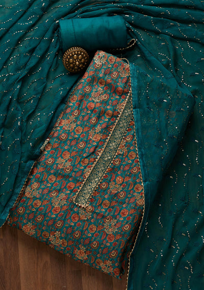 Peacock Blue Zariwork Banarasi Semi-Stitched Salwar Suit - Koskii