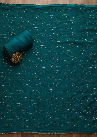 Peacock Blue Zariwork Banarasi Semi-Stitched Salwar Suit-Koskii