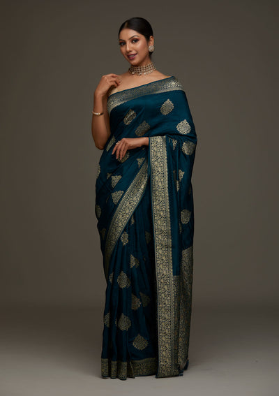 Peacock Blue Zariwork Banarasi Designer Saree-Koskii