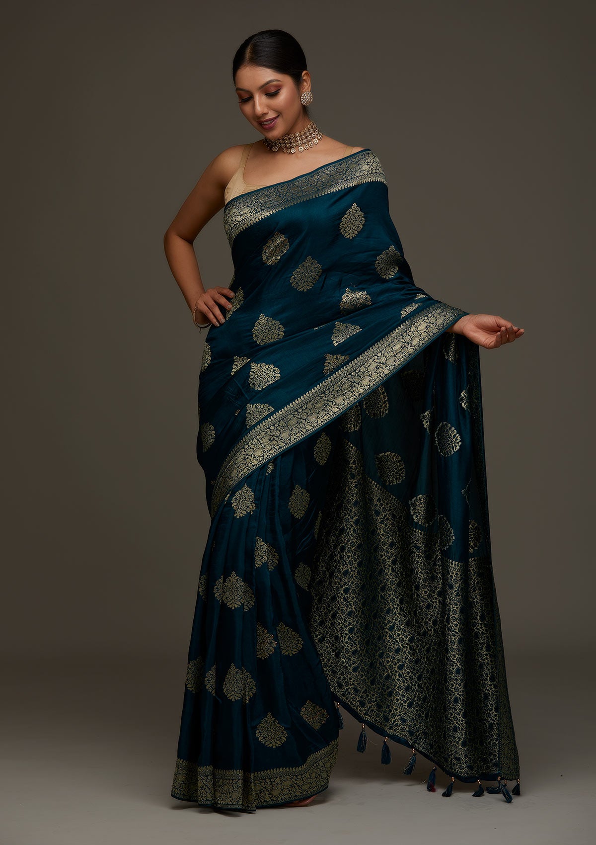Peacock Blue Zariwork Banarasi Designer Saree - Koskii