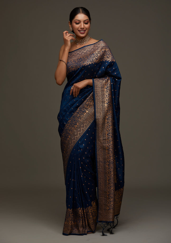 Peacock Blue Zariwork Banarasi Designer Saree- Koskii