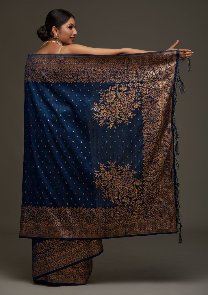 Peacock Blue Zariwork Banarasi Designer Saree - Koskii