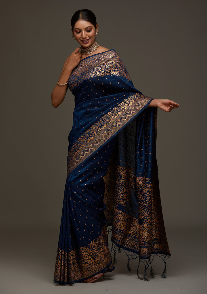 Peacock Blue Zariwork Banarasi Designer Saree - Koskii