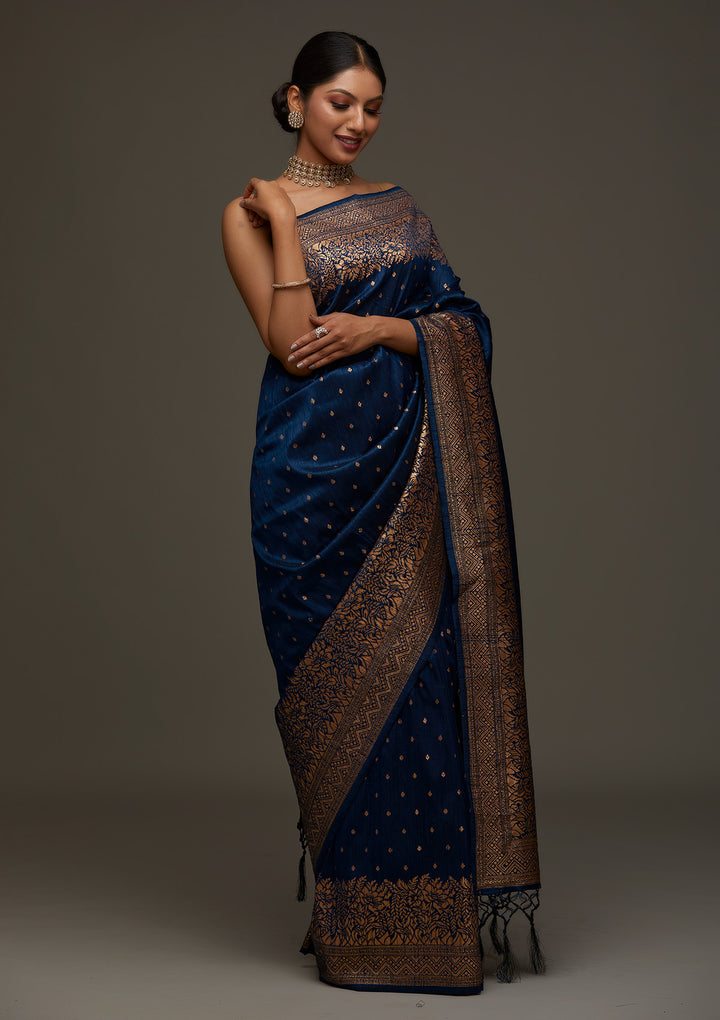 Peacock Blue Zariwork Banarasi Designer Saree - Koskii