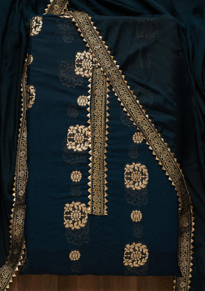 Peacock Blue Zariwork Chanderi Semi-Stitched Salwar Suit-Koskii