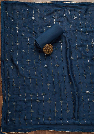Peacock Blue Zariwork Chanderi Unstitched Salwar Suit - Koskii