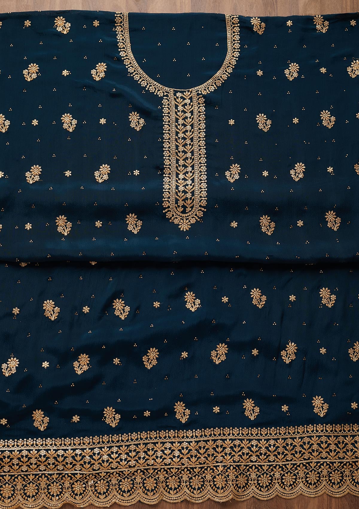 Peacock Blue Zariwork Chiffon Unstitched Salwar Suit - Koskii