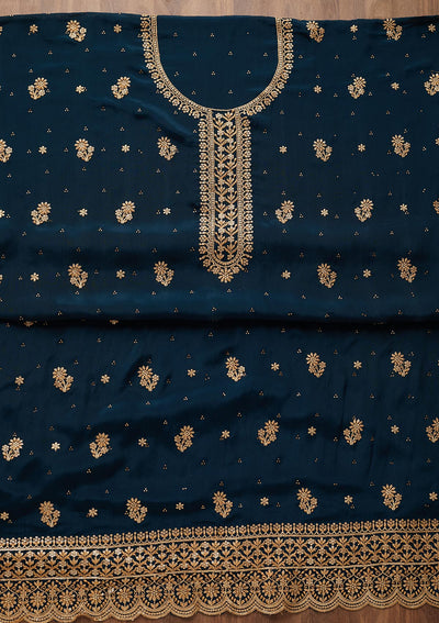 Peacock Blue Zariwork Chiffon Unstitched Salwar Suit - Koskii