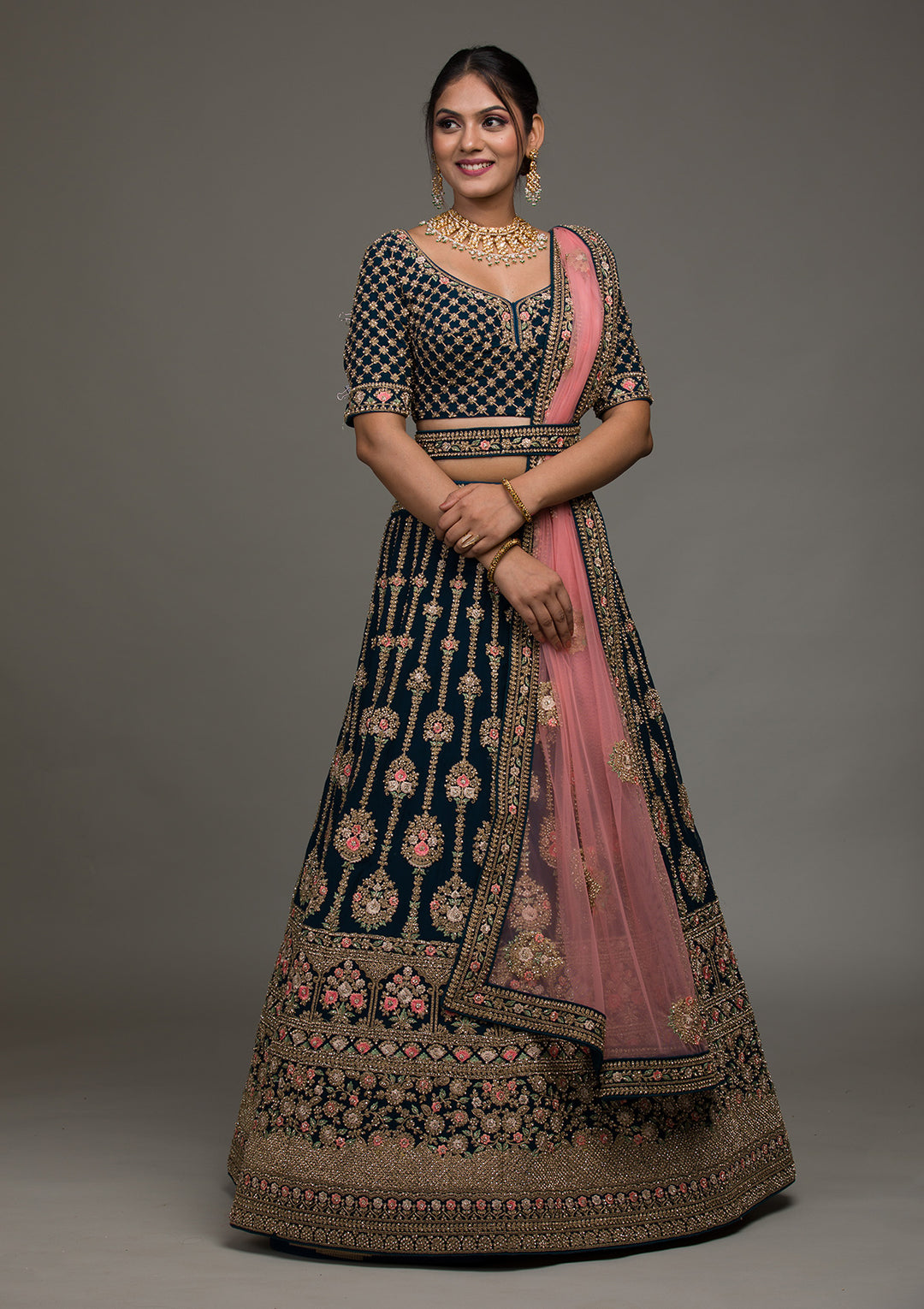 Peacock Blue Zariwork Georgette Lehenga-Koskii