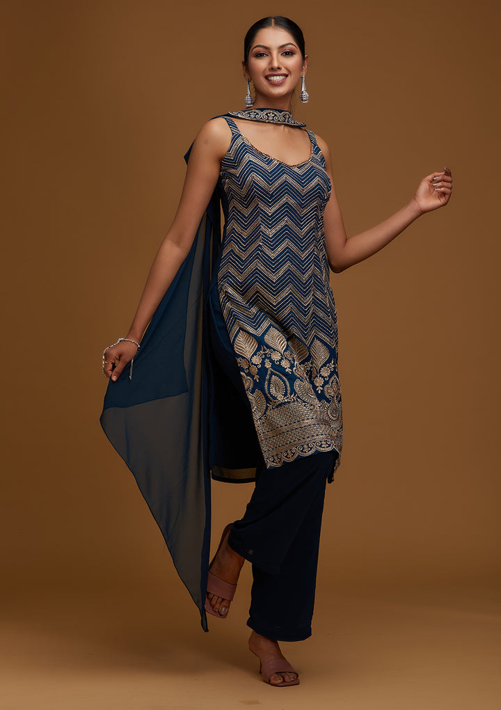 Peacock Blue Zariwork Georgette Designer Salwar Suit - Koskii