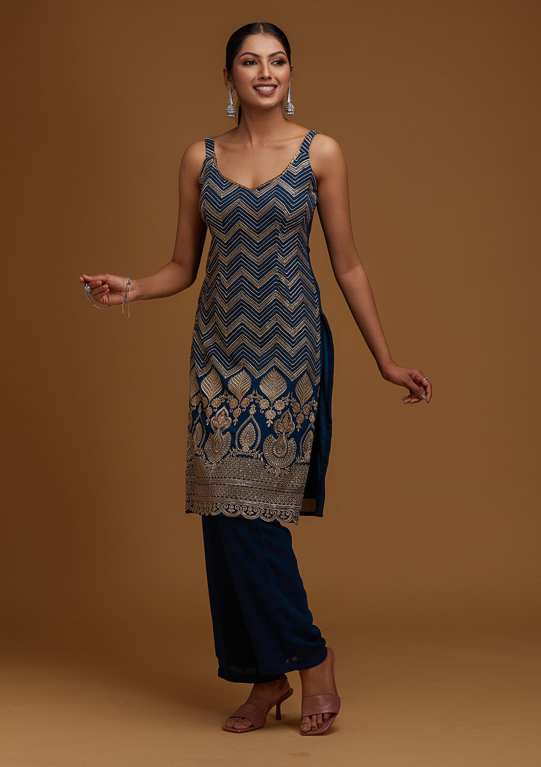 Peacock Blue Zariwork Georgette Designer Salwar Suit - Koskii
