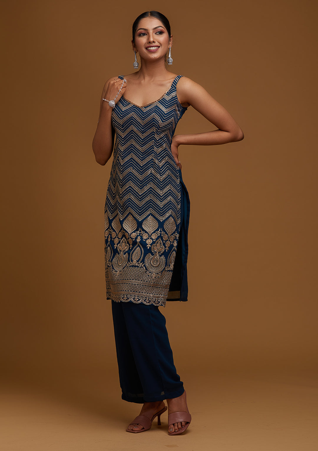 Peacock Blue Zariwork Georgette Designer Salwar Suit - Koskii