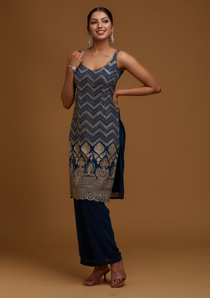 Peacock Blue Zariwork Georgette Designer Salwar Suit - Koskii