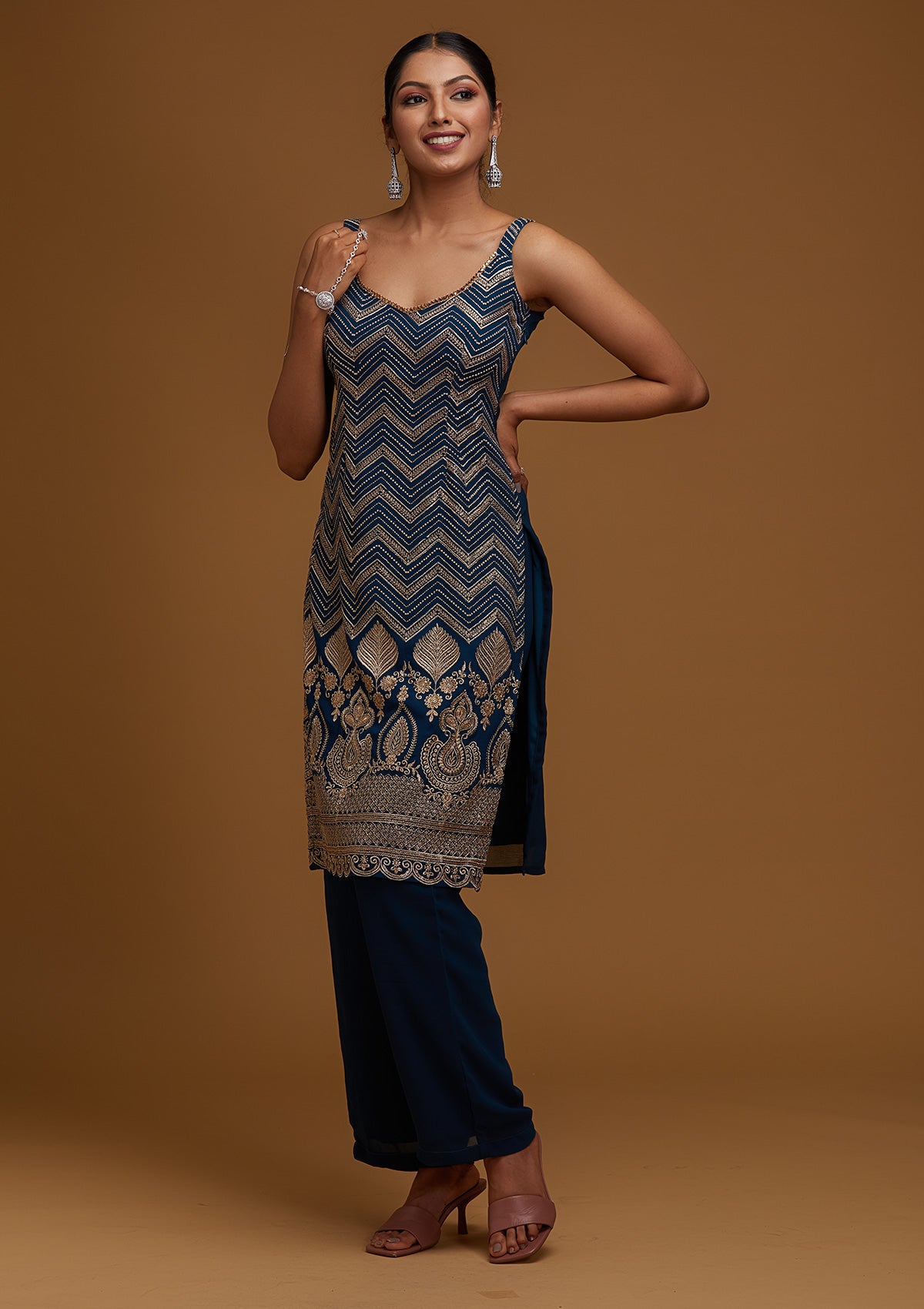 Peacock Blue Zariwork Georgette Designer Salwar Suit - Koskii